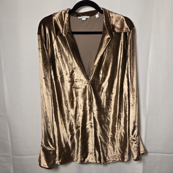 Vince Tops - Vince Bias Long Sleeve Shirt Gold Velour Button Down Blouse Women's Size 1X